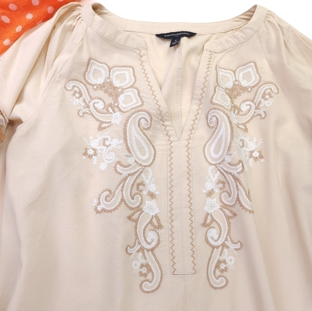 New Banana Republic Cotton Viscose Tan White Floral Embroidered Dress Sz… - Picture 4 of 14